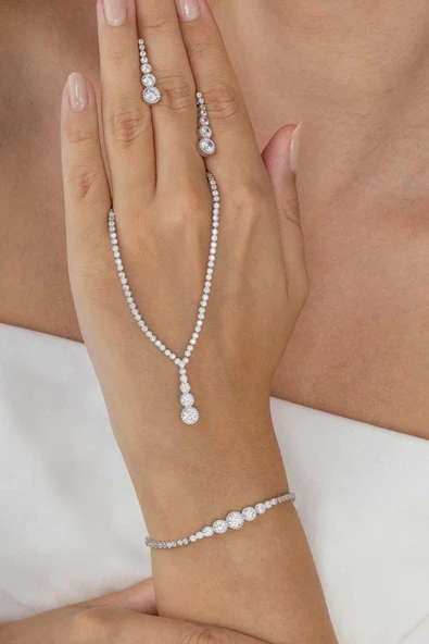 Gümüş Pazarım Pırlanta Montür Yuvarlak Kesim Su Yolu Gümüş Düğün Seti - 3