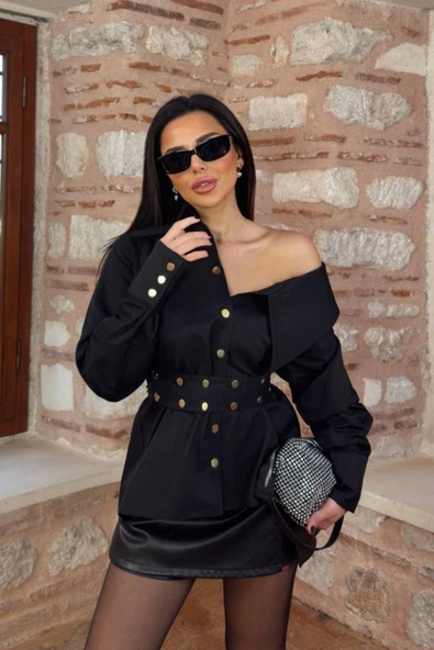 KADIN ARTiZON GENİŞ YAKA BELİNDE KUŞAK GÖMLEK - Resim 6