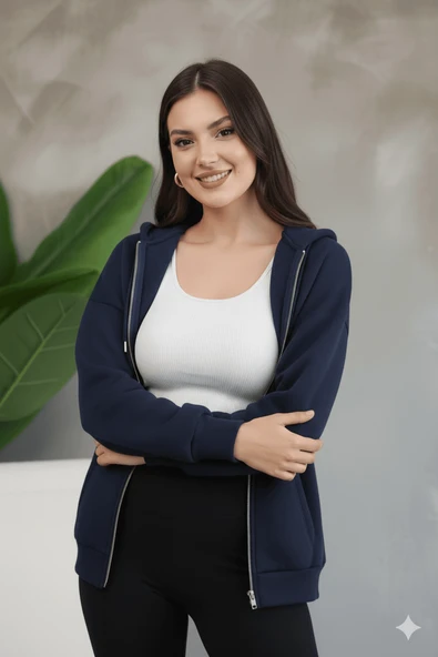 Kadın Genç Unisex Cepli Kapüşonlu Fermuarlı Sweatshirt Hırka - 12