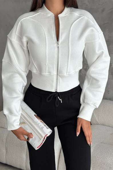 Kadın Fermuarlı Fit Cropped Sweatshirt – Sportif & Şehirli Stil - Resim 10