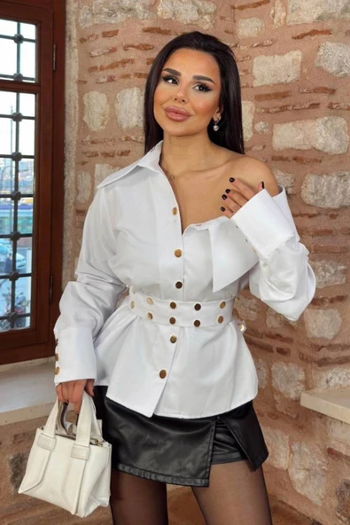 KADIN ARTiZON GENİŞ YAKA BELİNDE KUŞAK GÖMLEK - Resim 7