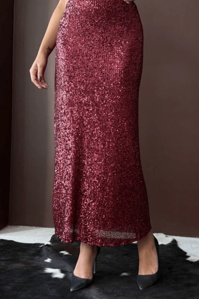 Bordo Payetli Uzun Etek - Yüksek Bel, Şık Gece Elbisesi Kombini - Resim 3
