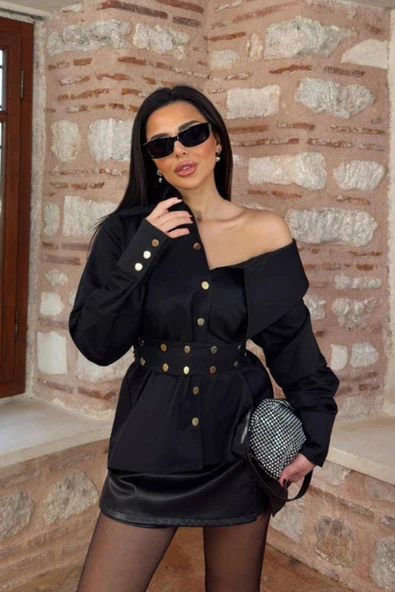 KADIN ARTiZON GENİŞ YAKA BELİNDE KUŞAK GÖMLEK - Resim 10