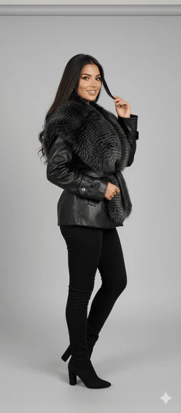 YAKA KÜRKLÜ DERI MONT - Resim 2