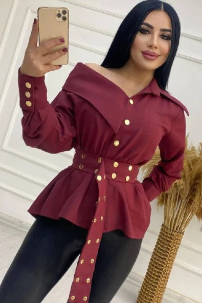 KADIN ARTiZON GENİŞ YAKA BELİNDE KUŞAK GÖMLEK - Resim 8