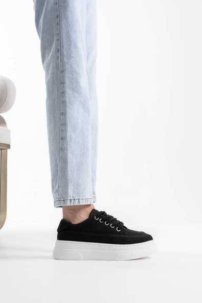 Glown Kadın Siyah Keten Spor Ayakkabı - Resim 6