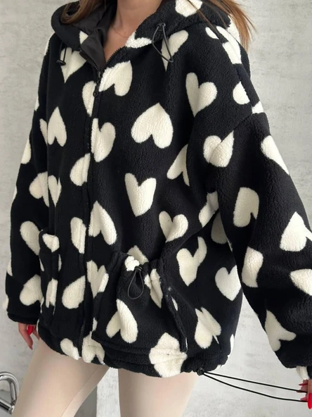 Kalp Desenli Kapüşonlu Mont - Resim 6