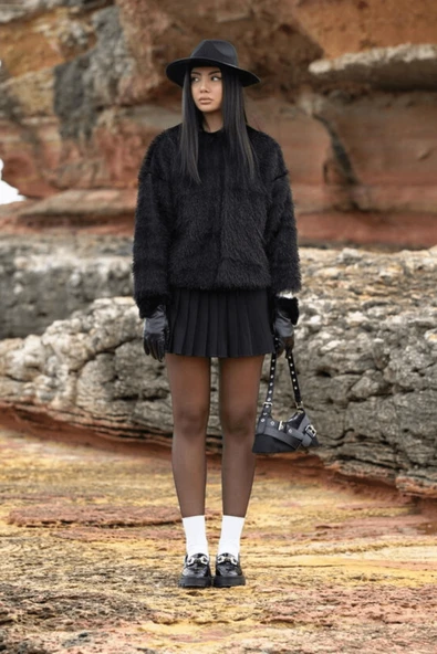 Kadın Suni Kürk Püskül Detay Ceket Mont-Gri - Resim 2