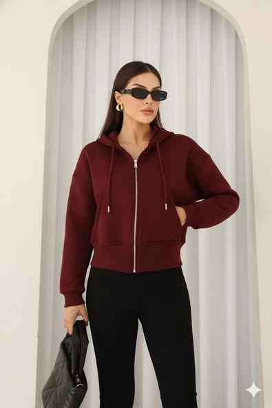Kadın Fermuarlı Kapşonlu Beyaz Bol Crop Sweatshirt - Resim 7