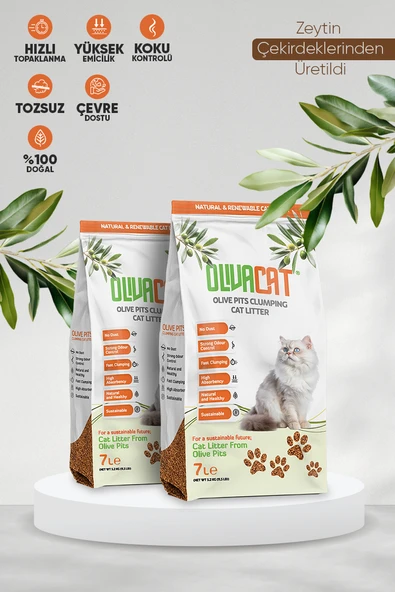 Olivacat Zeytin Çekirdeğinden Üretilen Doğal Tozsuz Kedi Kumu 7L 2 Adet