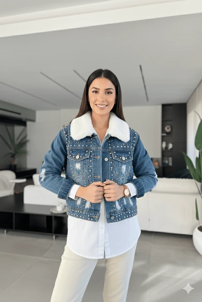 Kadın İçi Kürklü Jean Ceket Mavi