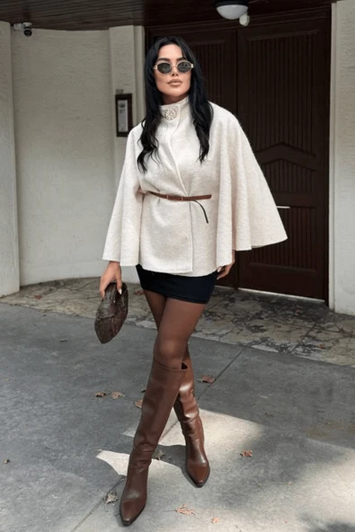 Kadın Yarasa Kol Kemerli Panço Ceket - Resim 3