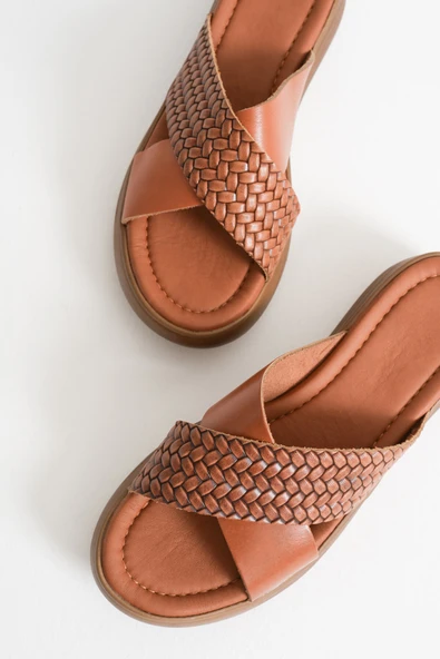 Fayn Taba Örgü Desenli Hakiki Deri Terlik - Resim 6