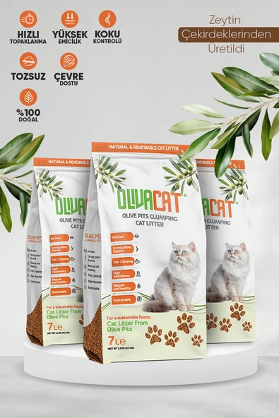 Olivacat Zeytin Çekirdeğinden Üretilen Doğal Tozsuz Kedi Kumu 7 L 3 Adet