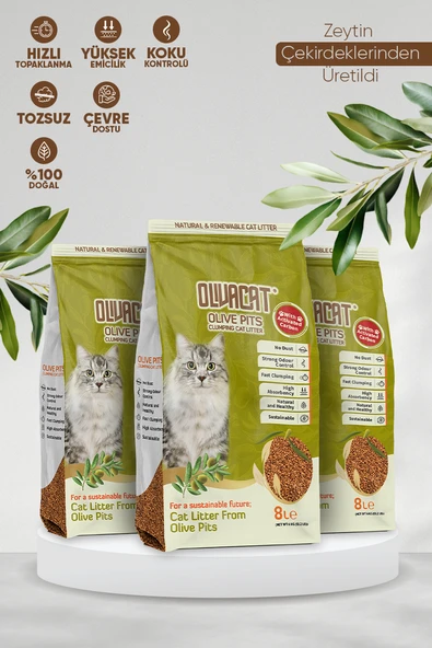 Zeytin Çekirdeğinden Üretilen Aktif Karbonlu Tozsuz Doğal Kedi Kumu 8 L 3 Adet