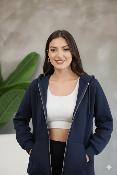 Kadın Genç Unisex Cepli Kapüşonlu Fermuarlı Sweatshirt Hırka - 11