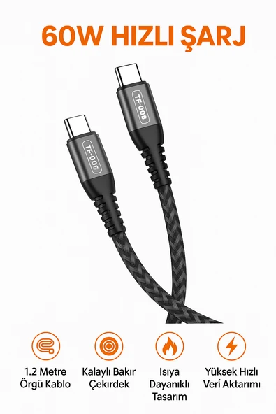 60W Type-C to Type-C Hızlı Şarj Kablosu %99 Daha Hızlı 3A Şarj Örgü Kablo SR Uç Koruması Dayanıklı ve Güvenli Kullanım - 3