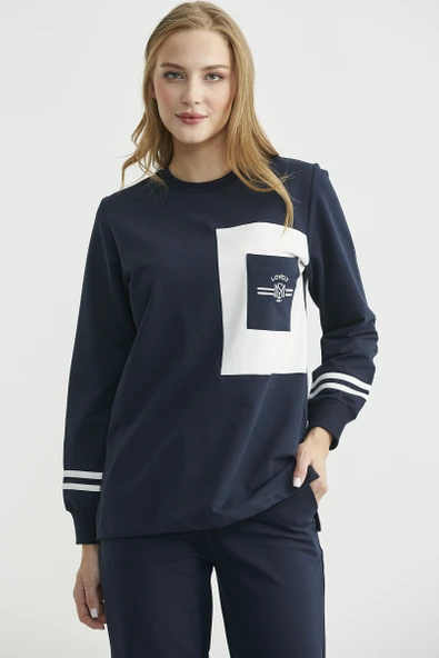 Oversize Parça Detaylı Tunik Eşofman Takım - Lacivert - Resim 4