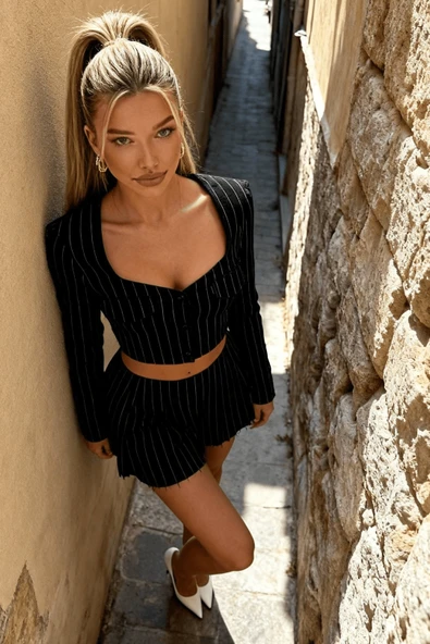 Kadın Çizgili Double Kumaş Astarli Etek Kısa Ceket Takım - Resim 2