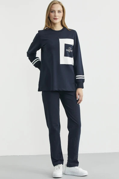 Oversize Parça Detaylı Tunik Eşofman Takım - Lacivert - Resim 2