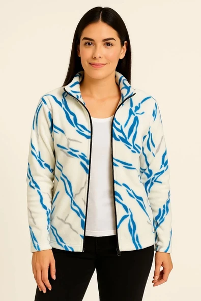 Kadın Tam Fermuarlı Desenli Polar Sweat Lightning Desen Yakalı, Uzun Kollu, Oversize Rahat Kalıp - Beyaz - 2