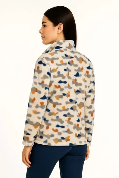 Kadın Tam Fermuarlı Desenli Polar Sweat – Siyah Multicolor Figür Desen Yakalı, Uzun Kollu, Oversize Rahat Kalıp - Beyaz - Resim 2