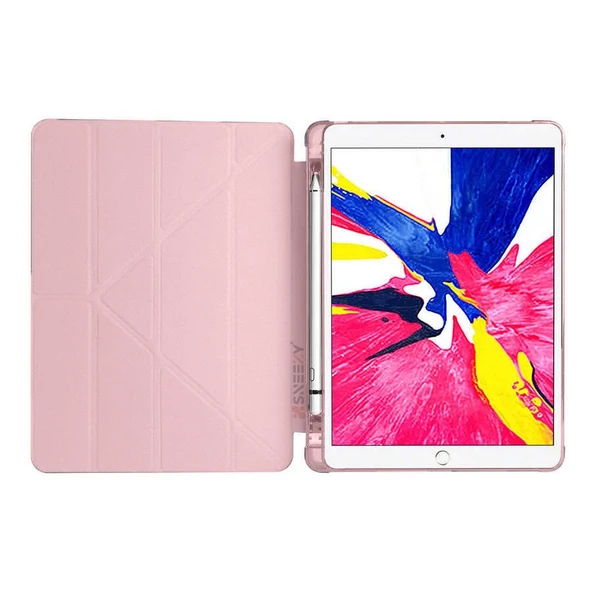 Apple iPad 7.Nesil 10.2 İnç 2019 Uyumlu Üçgen Katlanabilir Kalemlikli Standlı Akıllı Kılıf  Pembe - Resim 2