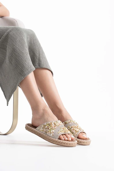 Dennis Kadın Bej Taş İşlemeli Terlik - Resim 10