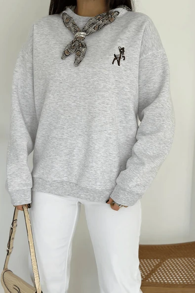 Kadın Dekoratif Yakalı Likralı Sweatshirt – Konforlu & Karakterli Stil - 4
