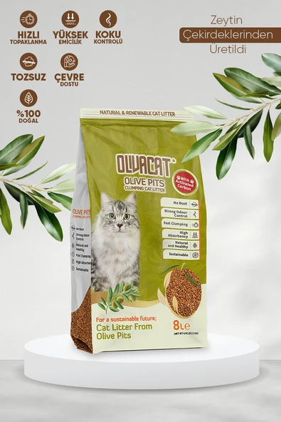 Olivacat Zeytin Çekirdeğinden Üretilen Aktif Karbonlu Tozsuz Doğal Kedi Kumu 8 L
