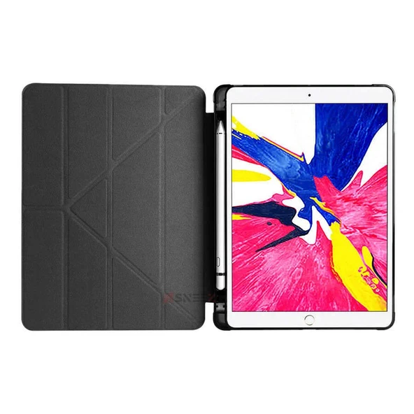 Apple iPad 9.Nesil 10.2 İnç 2021 Uyumlu Üçgen Katlanabilir Kalemlikli Standlı Akıllı Kılıf  Siyah - Resim 2