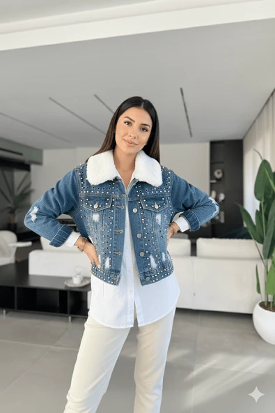 Kadın İçi Kürklü Jean Ceket Mavi - 2