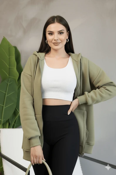 Kadın Genç Unisex Cepli Kapüşonlu Fermuarlı Sweatshirt Hırka - 3