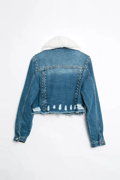 Kadın İçi Kürklü Jean Ceket Mavi - 6