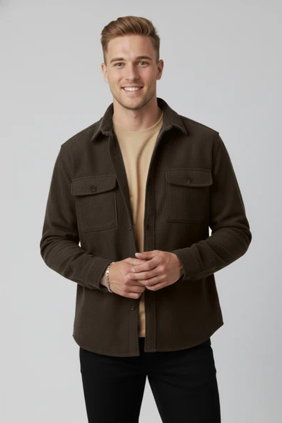 DeepSEA Cepli Likralı Kadife Kumaş Rahat Kesim Erkek Gömlek – Yumuşak Dokulu, Şık Tasarım Gömlek 2600759 - Resim 4