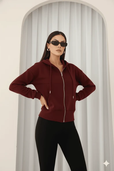 Kadın Fermuarlı Kapşonlu Beyaz Bol Crop Sweatshirt - Resim 6