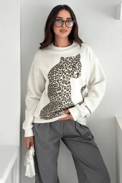Leopar Baskı Detaylı Sweatshirt Beyaz - Resim 4
