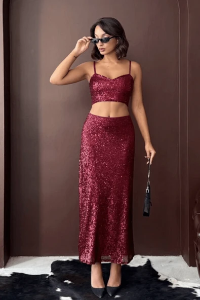 Bordo Payetli Uzun Etek - Yüksek Bel, Şık Gece Elbisesi Kombini - Resim 5