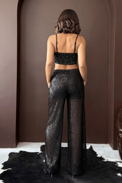 Kadın Payetli Geniş Paça Kadın Pantolon - Şık Gece Kombini - Resim 5