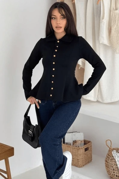 Kadın Altın Düğmeli Peplum Gömlek – Güçlü & Şehirli Stil - Resim 8
