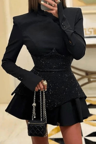 Uzun Kollu Işıltı Mini Elbise - Kristal Elmas Detaylı Kadın - 2