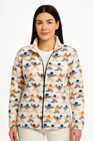 Kadın Tam Fermuarlı Desenli Polar Sweat – Siyah Multicolor Figür Desen Yakalı, Uzun Kollu, Oversize Rahat Kalıp - Beyaz ürün görseli 1