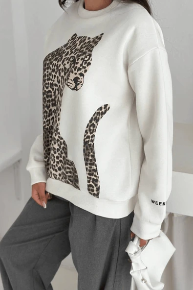 Leopar Baskı Detaylı Sweatshirt Beyaz - Resim 3