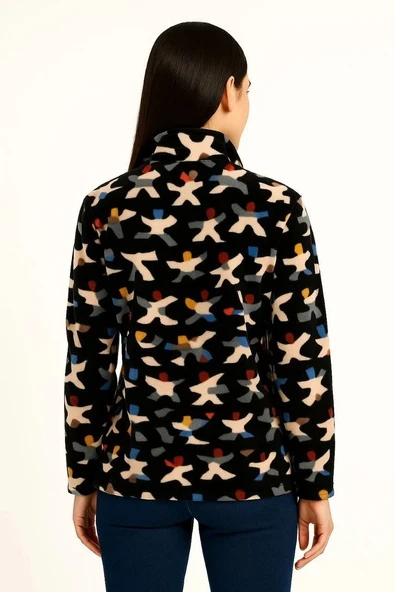 Kadın Tam Fermuarlı Desenli Polar Sweat – Siyah Multicolor Figür Desen Yakalı, Uzun Kollu, Oversize Rahat Kalıp - Siyah - Resim 2