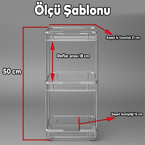Banyo Duş Köşe Rafı Üç Katlı Kare Şampuanlık Krom Paslanmaz Metal Düzenleyici Raf Sistemi 50 cm - Resim 3