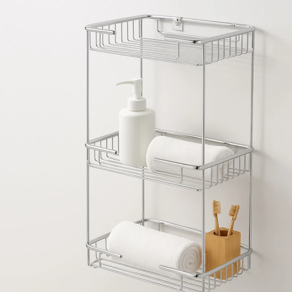 Banyo Duş Köşe Rafı Üç Katlı Kare Şampuanlık Krom Paslanmaz Metal Düzenleyici Raf Sistemi 50 cm - Resim 2