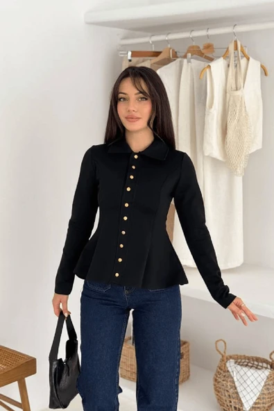 Kadın Altın Düğmeli Peplum Gömlek – Güçlü & Şehirli Stil - Resim 7