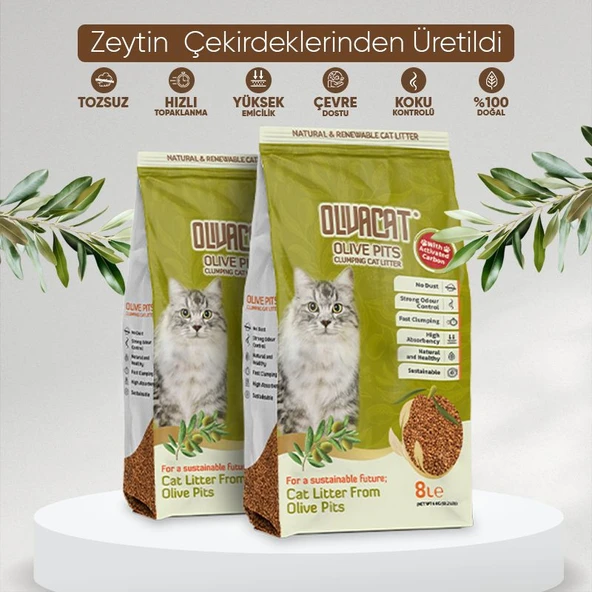 Olivacat Zeytin Çekirdeğinden Üretilen Aktif Karbonlu Tozsuz Doğal Kedi Kumu 8L x 2 Adet ürün görseli