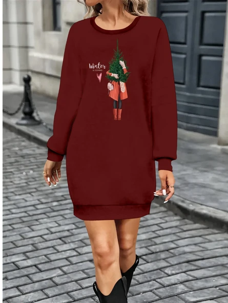 Kadın Uzun Kollu Bisiklet Yaka Desenli Kısa Viskon Iki Iplik Elbise ürün görseli 1