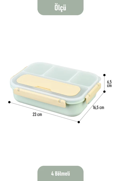 İronika Kaşık Çatallı Lunch Box Sızdırmaz Contalı Kapaklı 4 Bölmeli Beslenme Kabı - Yeşil - Resim 4